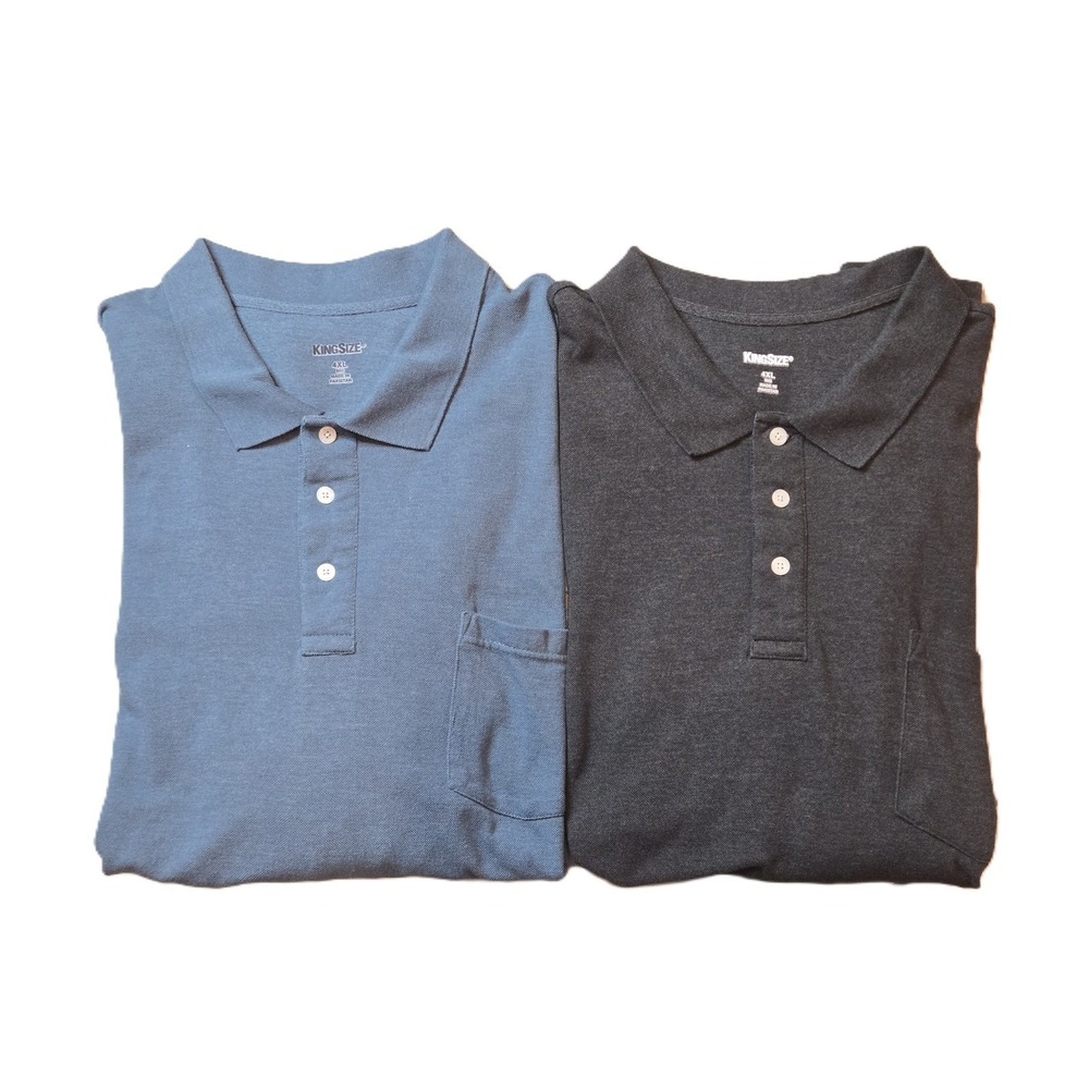 Lot of 2- King Size 4XL Big- Long Sleeve Polo Shirts Blue‎ Gray Pocket Casual